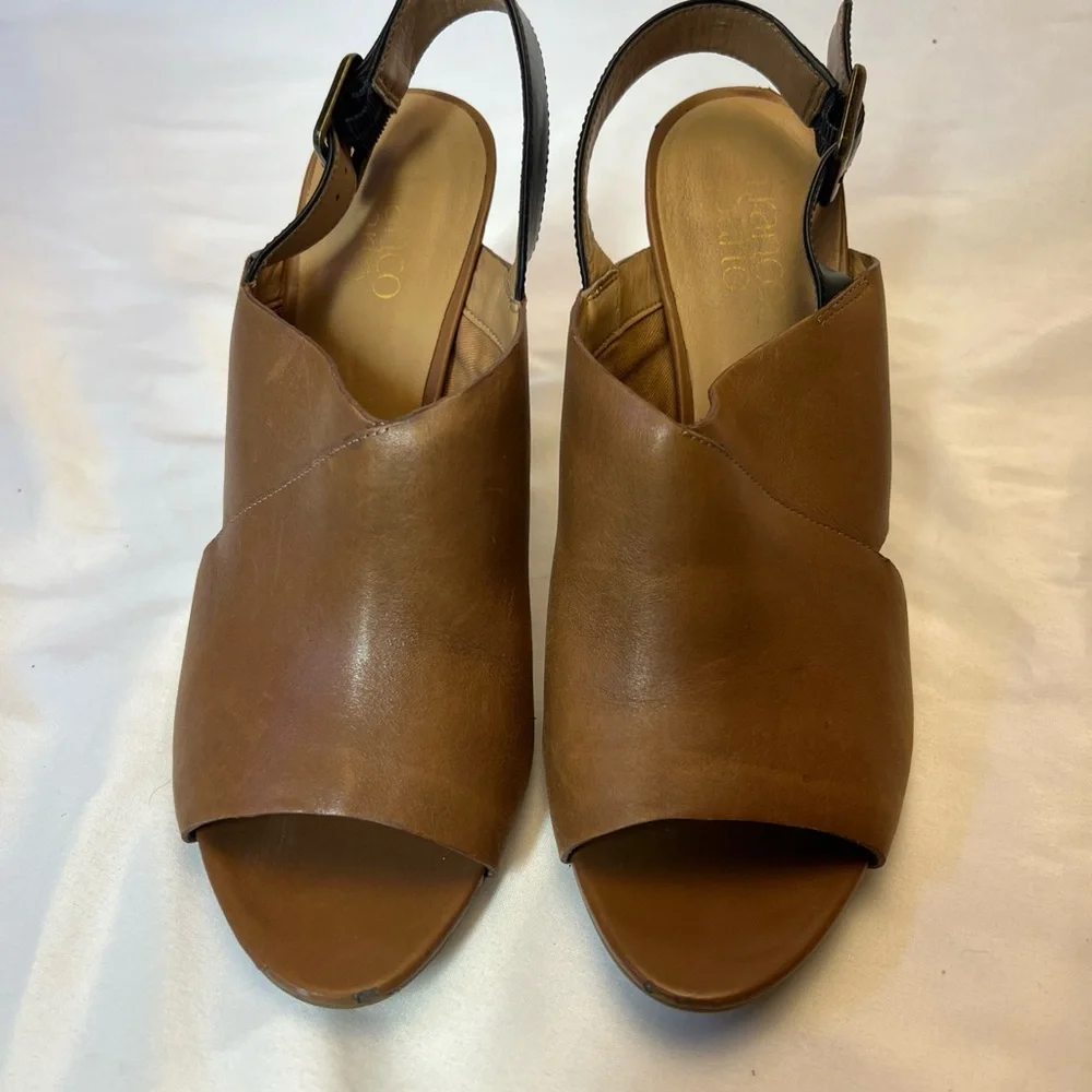 Franco Sarto Heels Women 9.5 M Quatrain Brown Leather Peep Toe Black Slingback - Picture 5 of 9